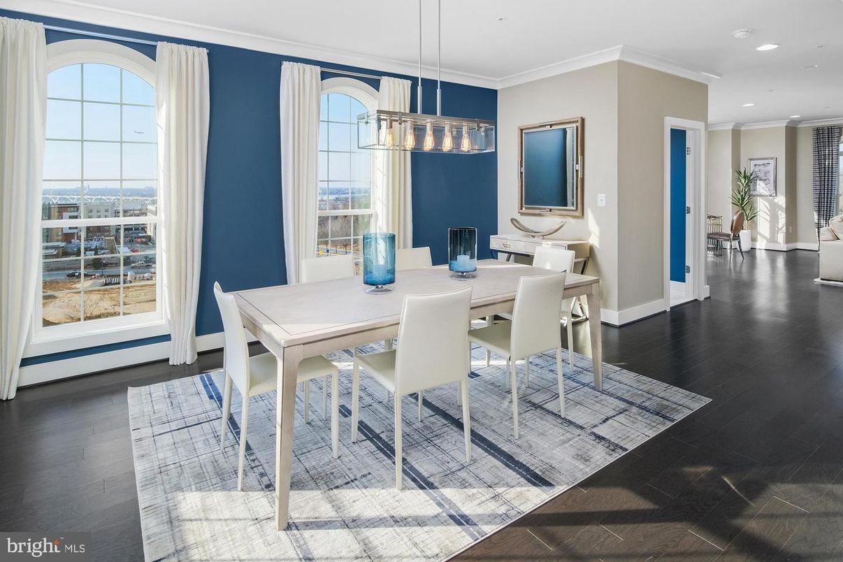 Dining room, Interior, Pendant Lights, Recessed Lighting, Wood Texture Flooring