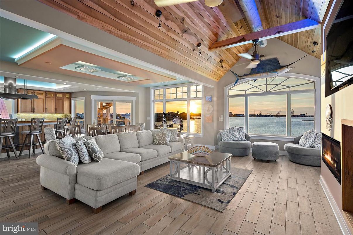 Fireplace, Interior, Living room, Water, Wooden Ceilings, Wood Texture Flooring
