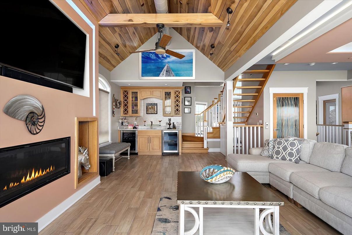 Fireplace, Interior, Living room, Recessed Lighting, Wooden Beams, Wooden Ceilings, Wood Texture Flooring