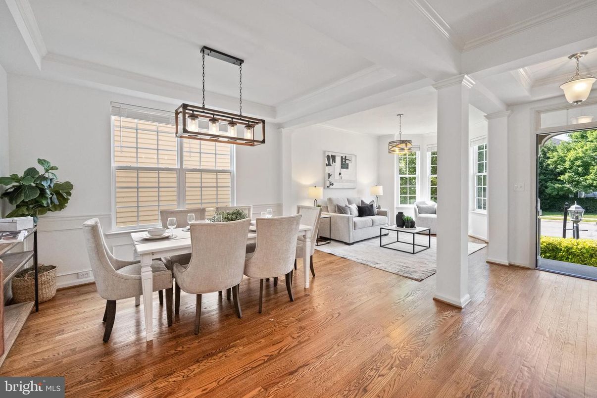 Dining room, Interior, Living room, Pendant Lights, Wood Texture Flooring