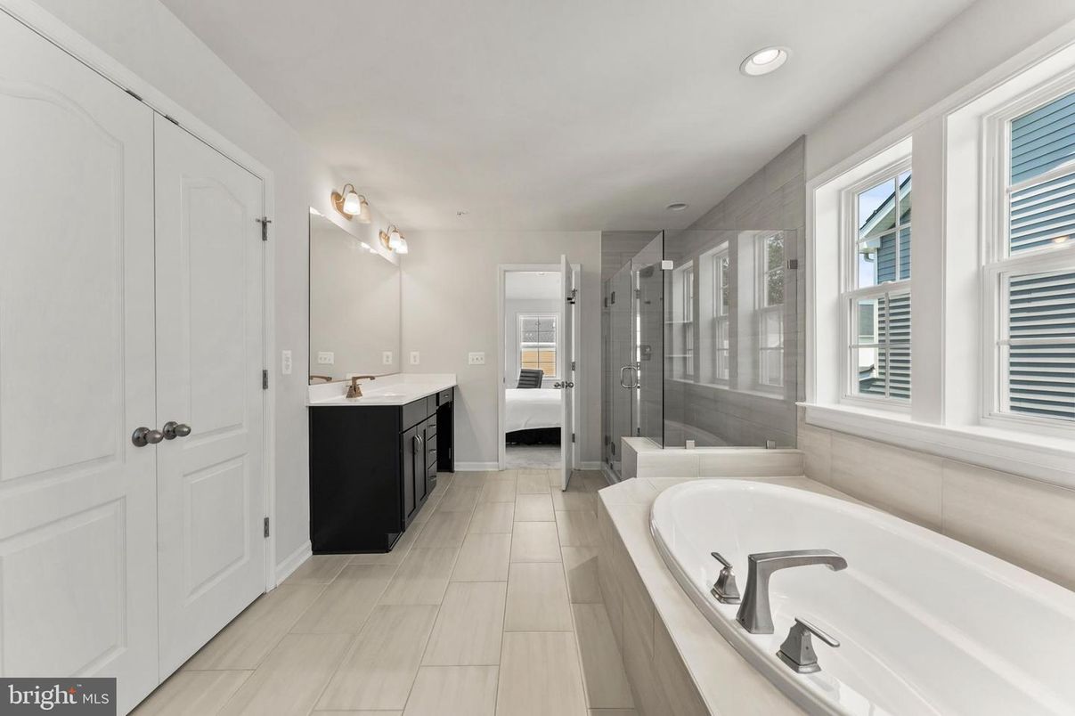Bathroom, Dual Sink Vanities, Glass Shower, Interior, Recessed Lighting
