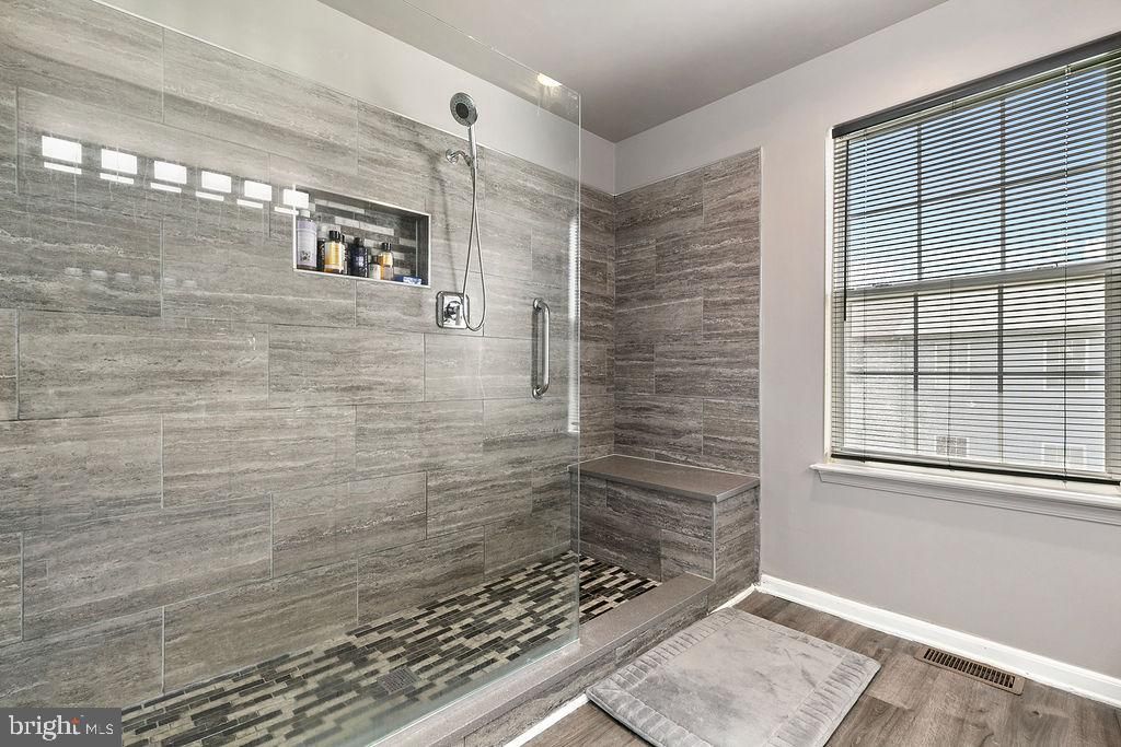 Bathroom, Glass Shower, Interior, Wood Texture Flooring