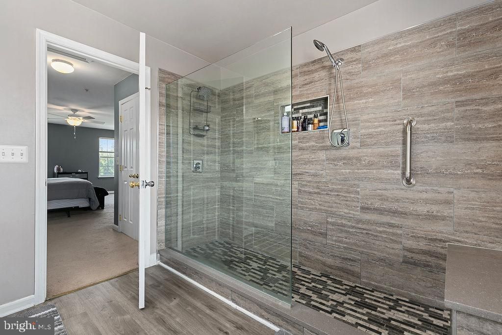 Bathroom, Glass Shower, Interior, Wood Texture Flooring