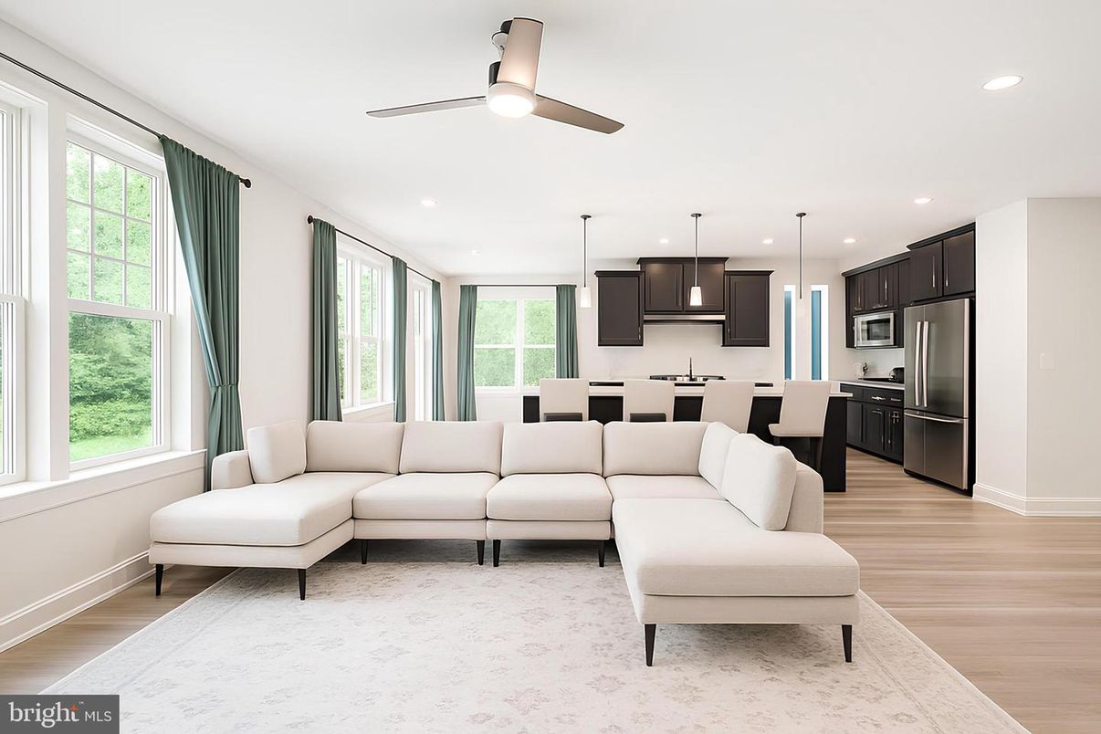 Dining room, Interior, Kitchen, Living room, Pendant Lights, Recessed Lighting, Stainless Steel Appliances, Wood Texture Flooring