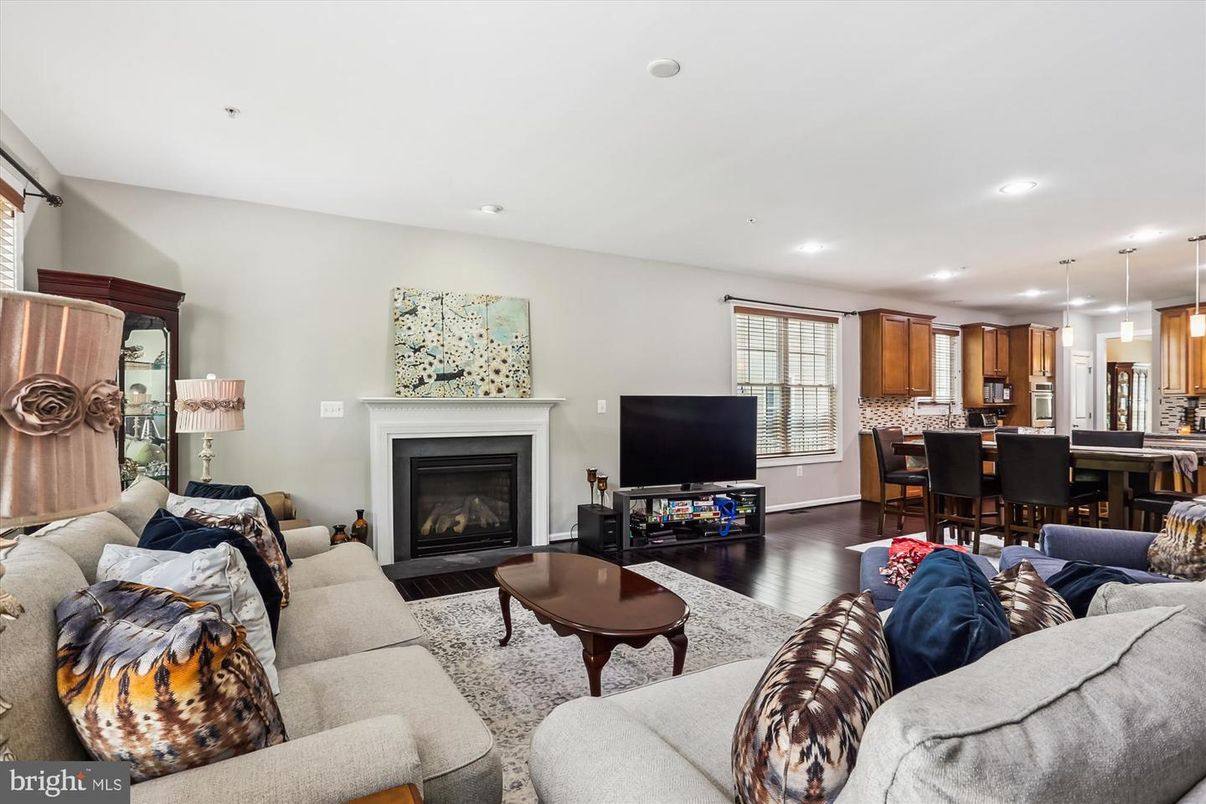 Dining room, Fireplace, Interior, Kitchen, Living room, Pendant Lights, Recessed Lighting, Wood Texture Flooring