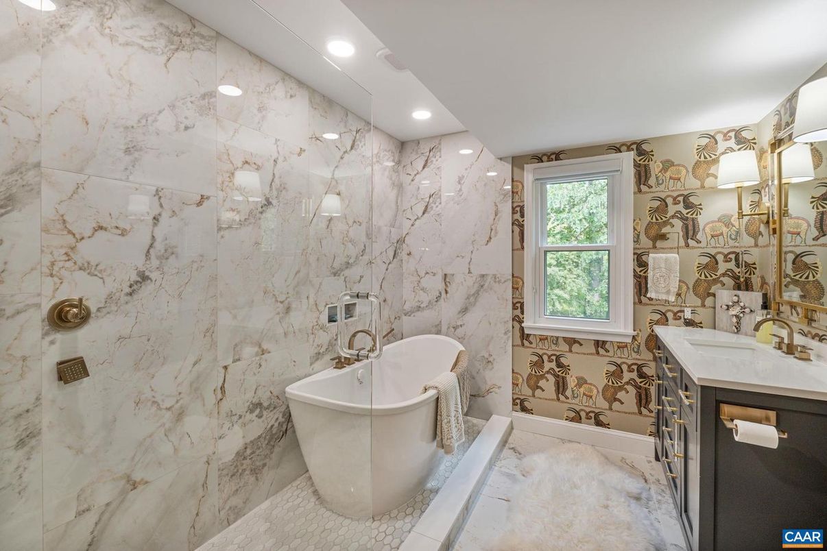 Bathroom, Free Standing Baths, Interior, Marble, Marble Walls, Recessed Lighting