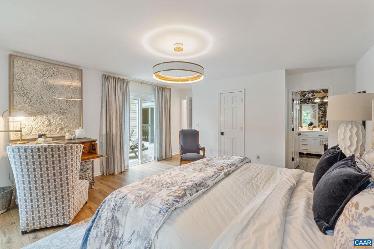 Bedroom, Interior, Pendant Lights, Wood Texture Flooring