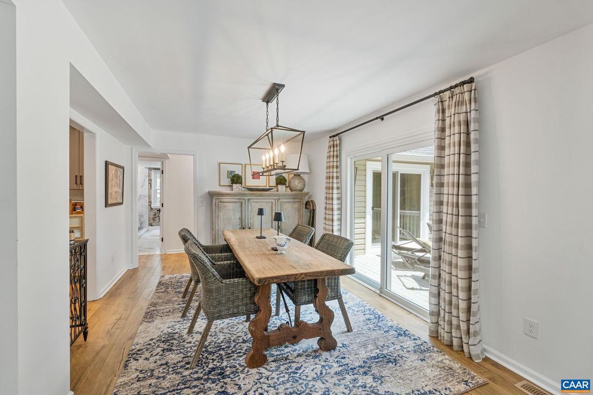 Dining room, Interior, Pendant Lights, Wood Texture Flooring