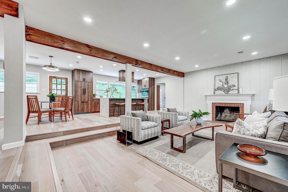 Dining room, Fireplace, Interior, Living room, Pendant Lights, Recessed Lighting, Wooden Beams, Wood Texture Flooring