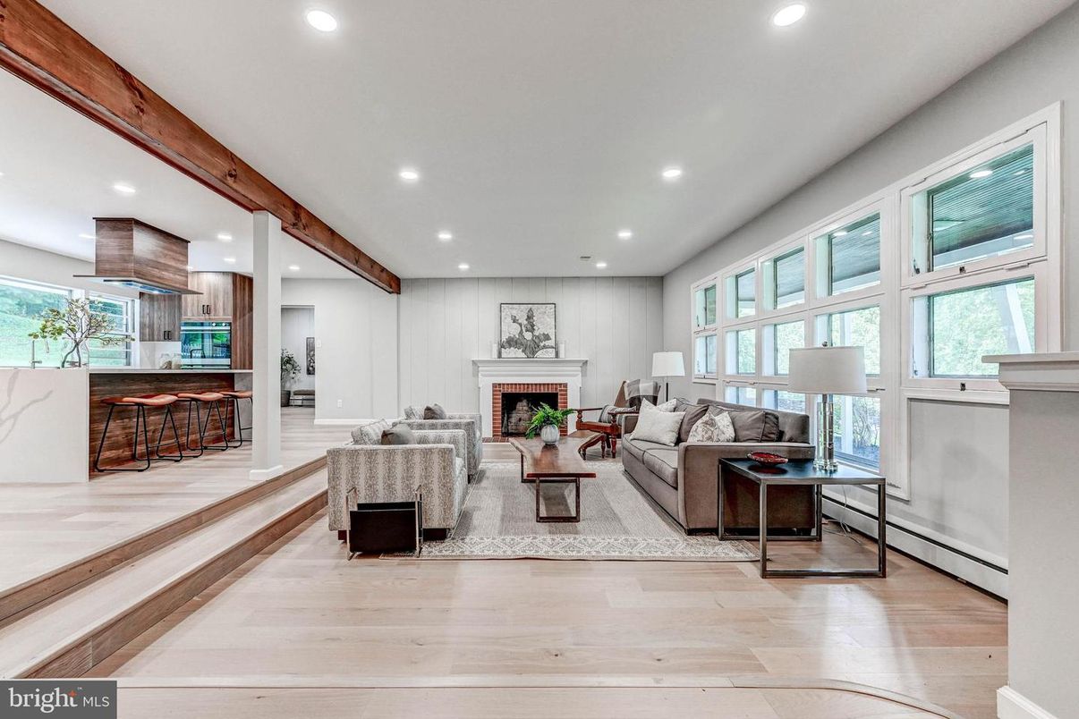 Fireplace, Interior, Living room, Recessed Lighting, Wooden Beams, Wood Texture Flooring