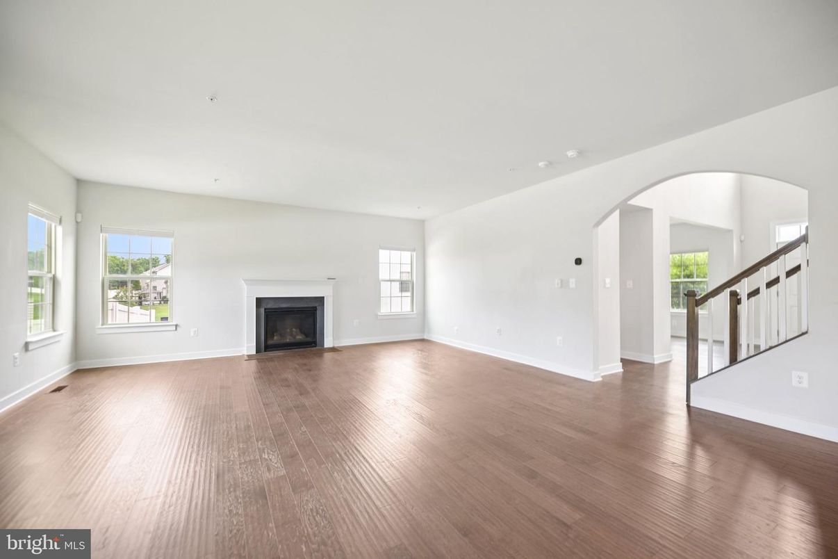 Empty room, Fireplace, Interior, Recessed Lighting, Wood Texture Flooring