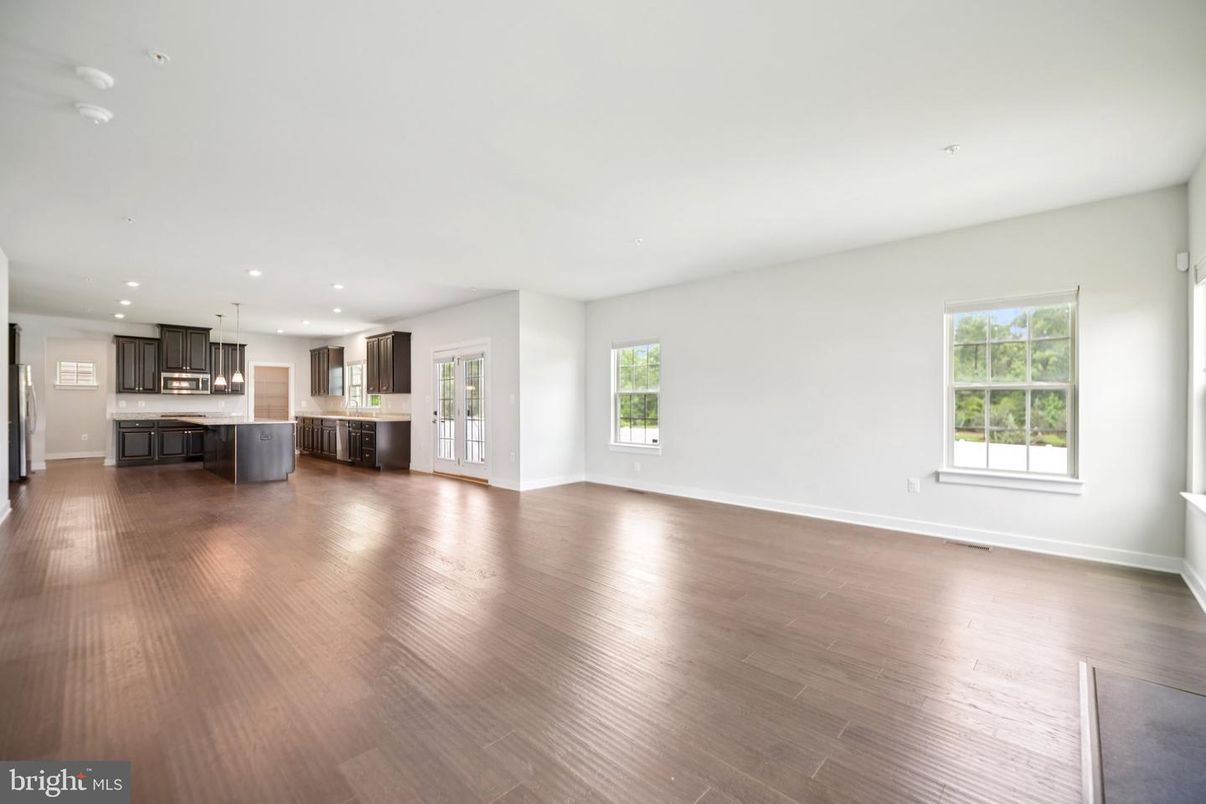 Empty room, Interior, Kitchen, Pendant Lights, Recessed Lighting, Wood Texture Flooring