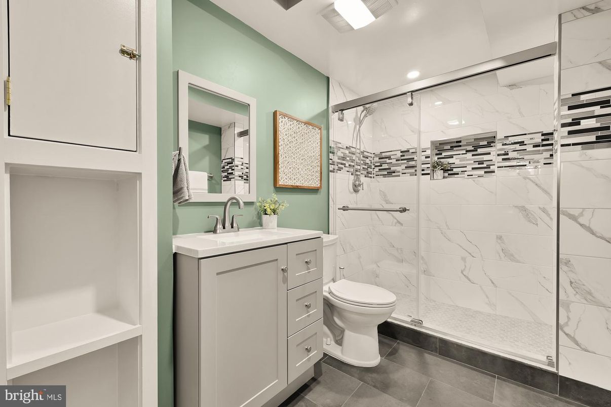 Bathroom, Glass Shower, Interior, Marble Walls, Recessed Lighting