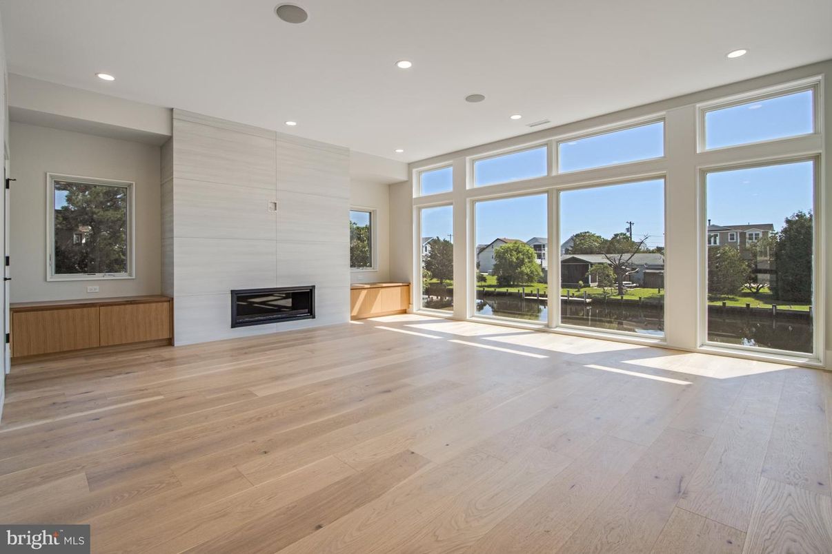 Empty room, Fireplace, Interior, Recessed Lighting, Wood Texture Flooring