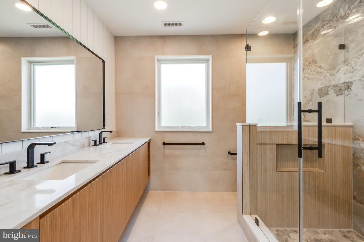Bathroom, Dual Sink Vanities, Glass Shower, Interior, Recessed Lighting