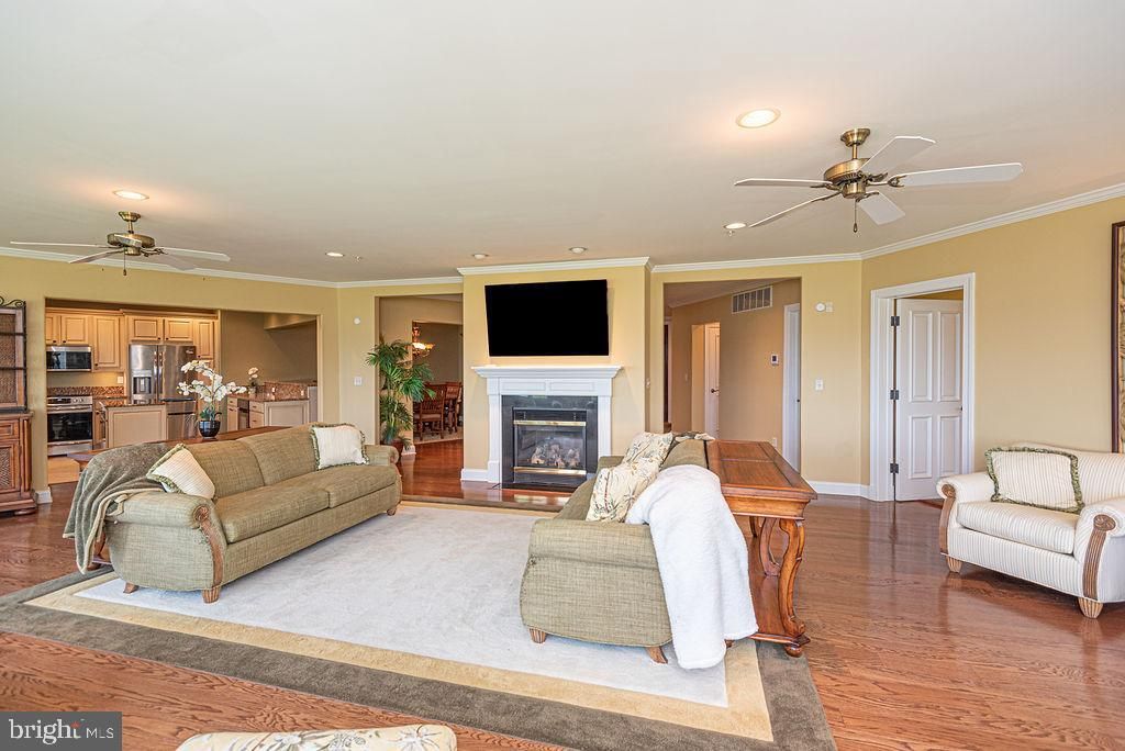 Fireplace, Interior, Kitchen, Living room, Recessed Lighting, Stainless Steel Appliances, Wood Texture Flooring