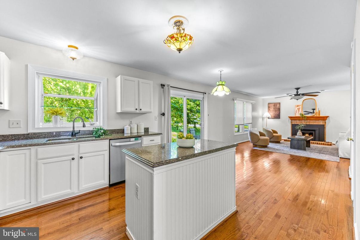 Fireplace, Interior, Kitchen, Living room, Wood Texture Flooring