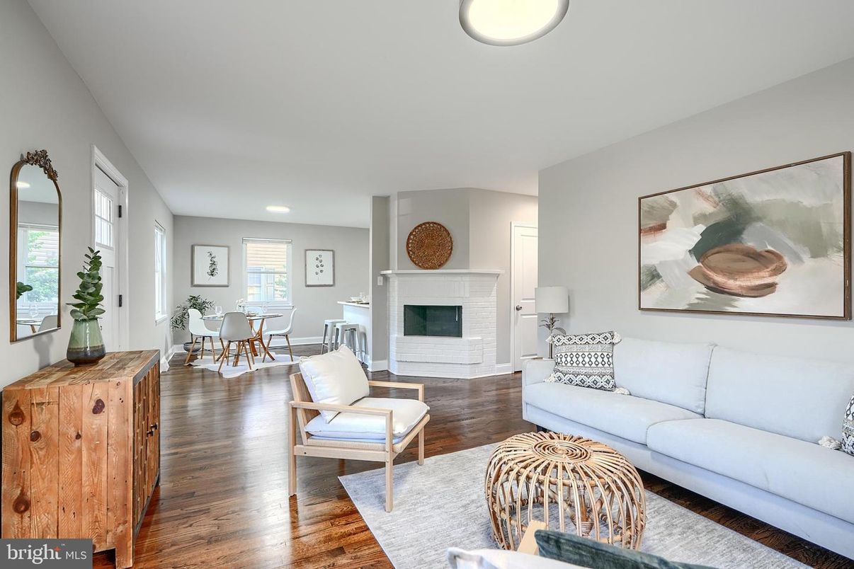 Dining room, Fireplace, Interior, Living room, Recessed Lighting, Wood Texture Flooring