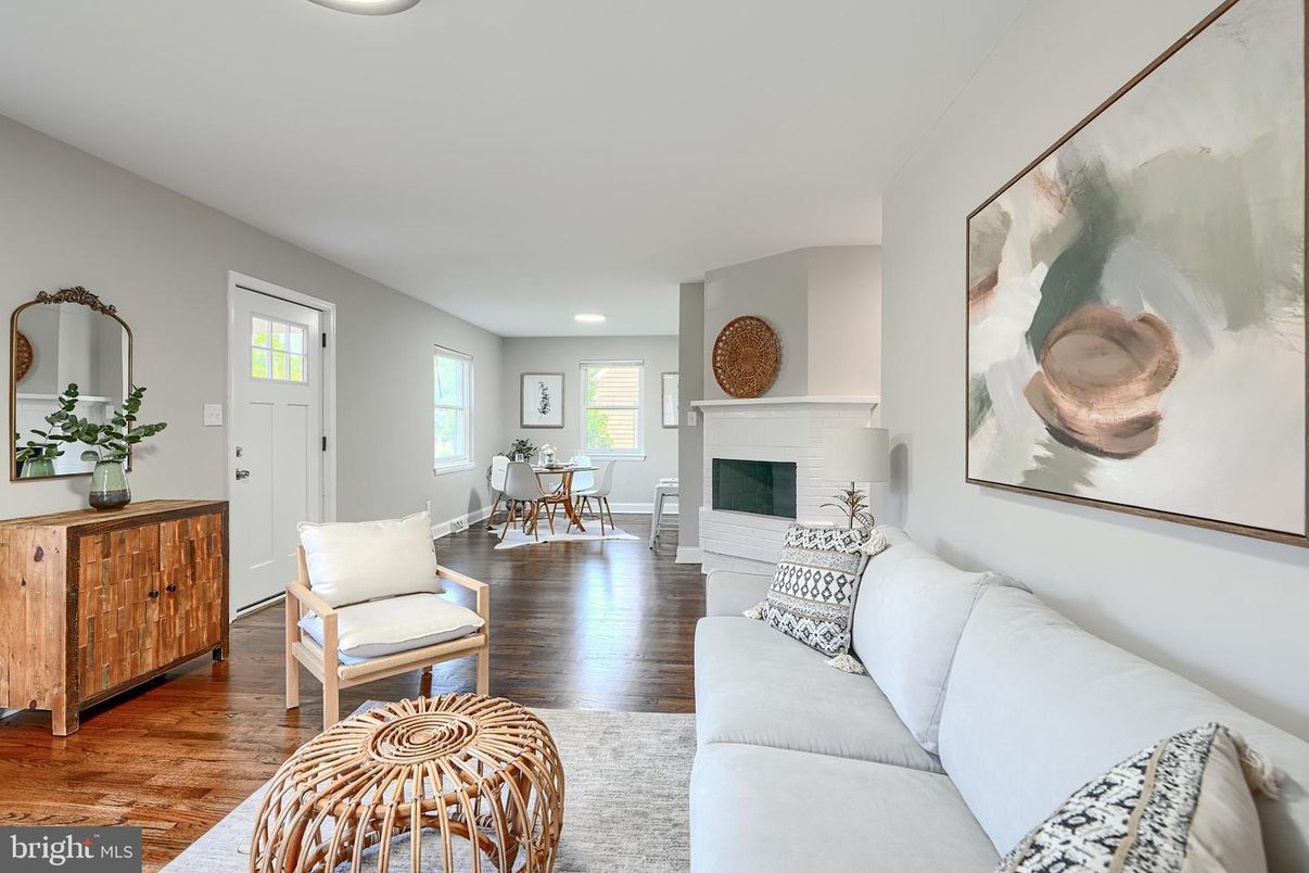 Dining room, Fireplace, Interior, Living room, Recessed Lighting, Wood Texture Flooring