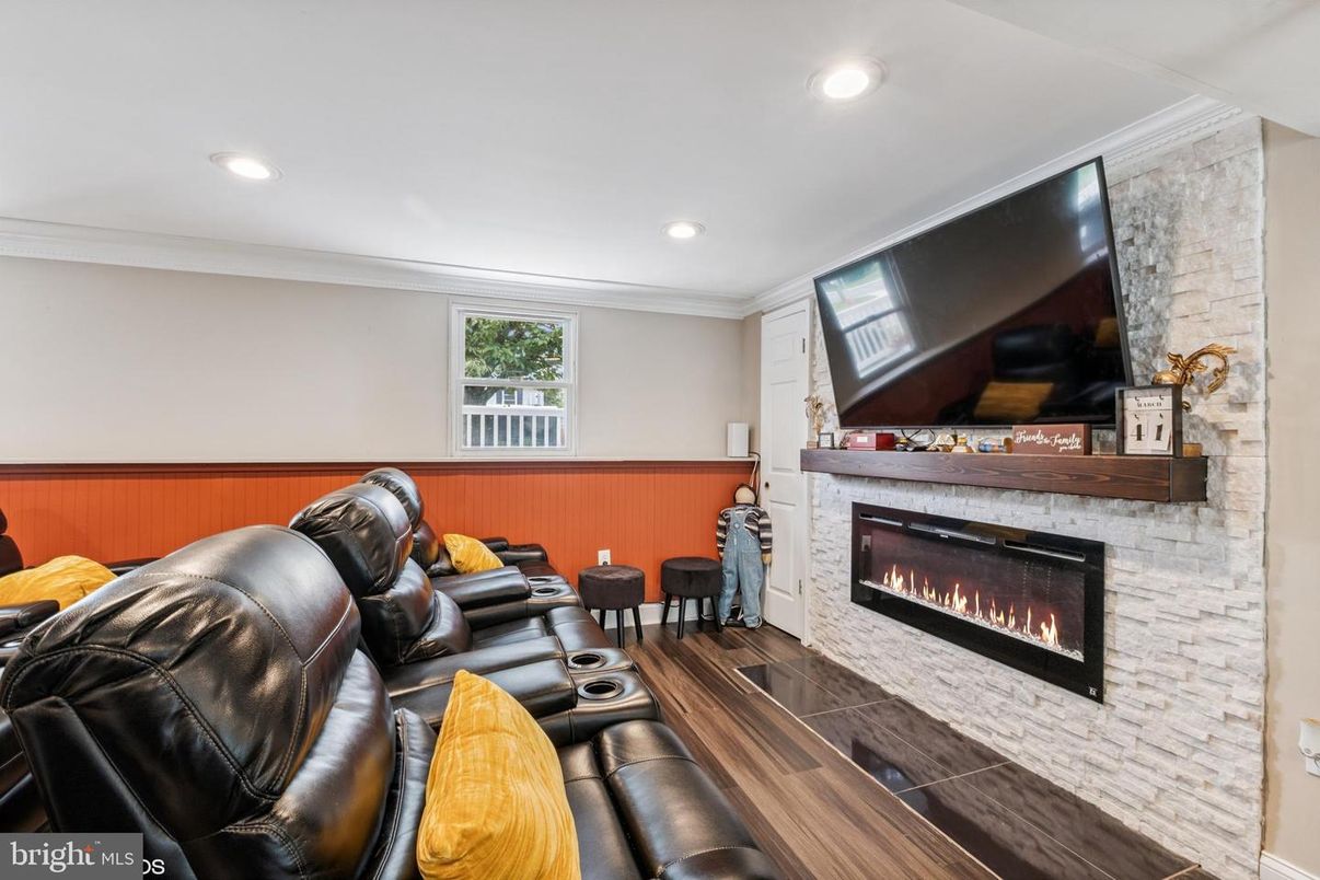 Home Theatre Room, Fireplace, Interior, Living room, Recessed Lighting, Wood Texture Flooring