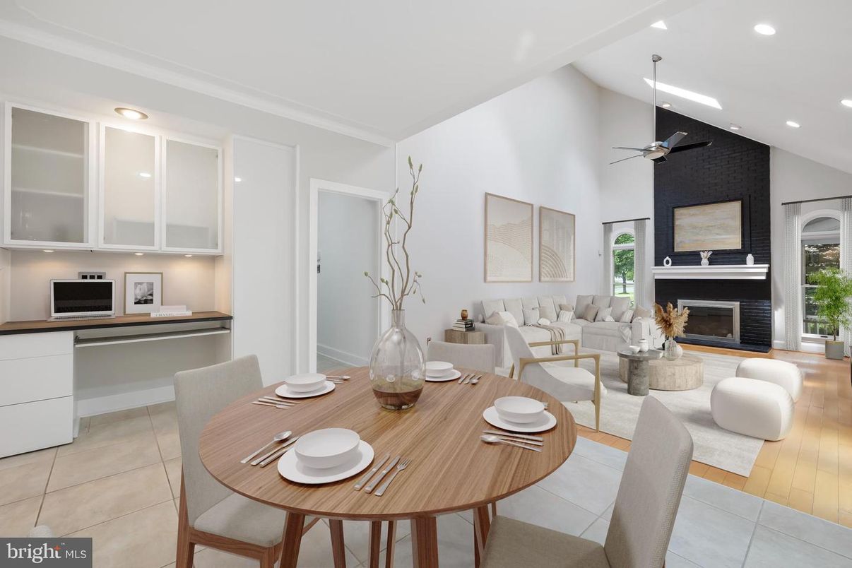Dining room, Fireplace, Interior, Living room, Recessed Lighting