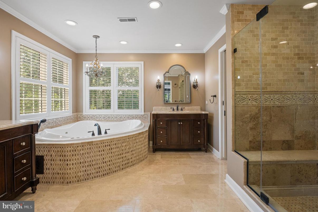 Bathroom, Chandelier, Glass Shower, Interior, Recessed Lighting