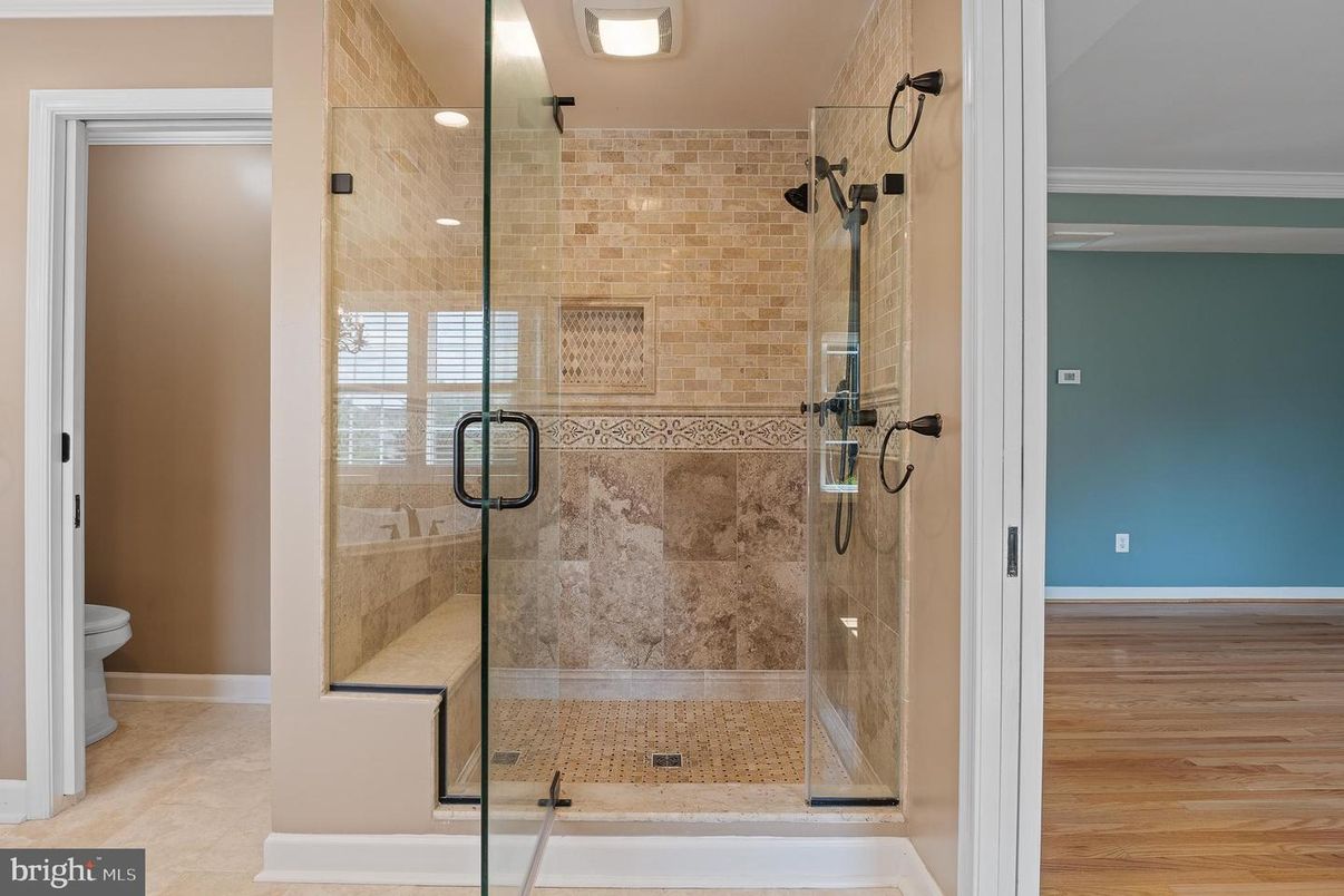 Bathroom, Glass Shower, Interior, Wood Texture Flooring