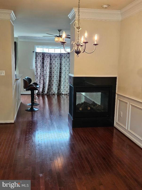 Chandelier, Fireplace, Interior, Wood Texture Flooring