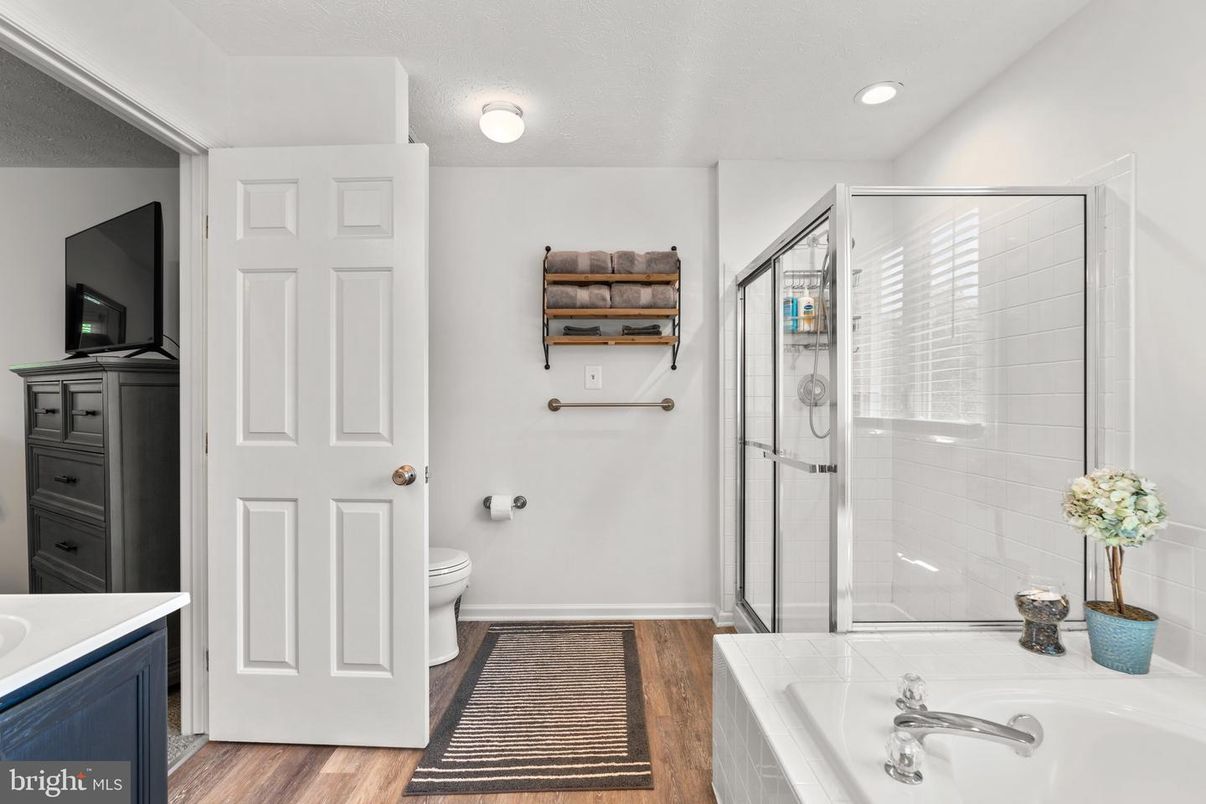 Bathroom, Glass Shower, Interior, Recessed Lighting, Wood Texture Flooring
