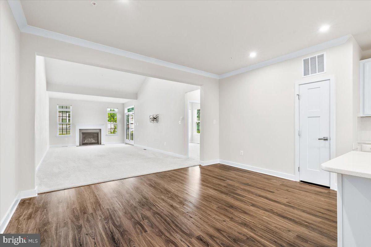 Empty room, Fireplace, Interior, Recessed Lighting, Wood Texture Flooring