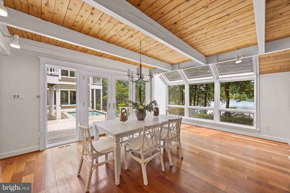 Chandelier, Dining room, Interior, Sun Room, Wooden Ceilings, Wood Texture Flooring