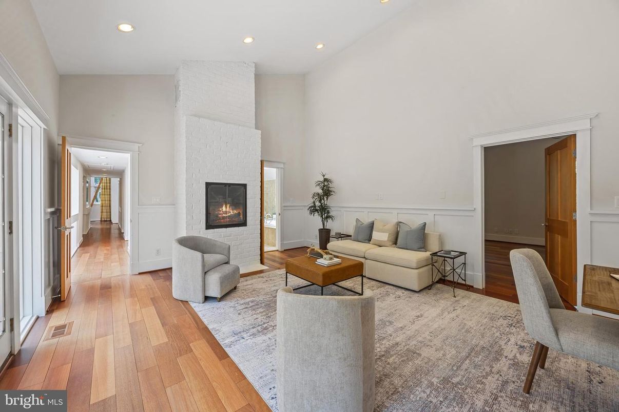 Fireplace, Interior, Living room, Recessed Lighting, Wood Texture Flooring