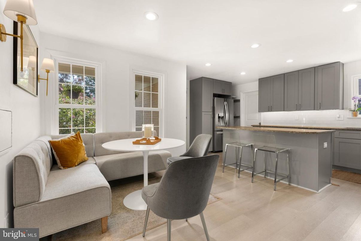 Dining room, Interior, Kitchen, Living room, Recessed Lighting, Stainless Steel Appliances, Wood Texture Flooring