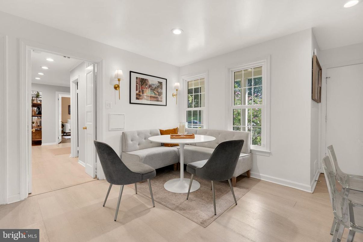 Dining room, Interior, Recessed Lighting, Wood Texture Flooring