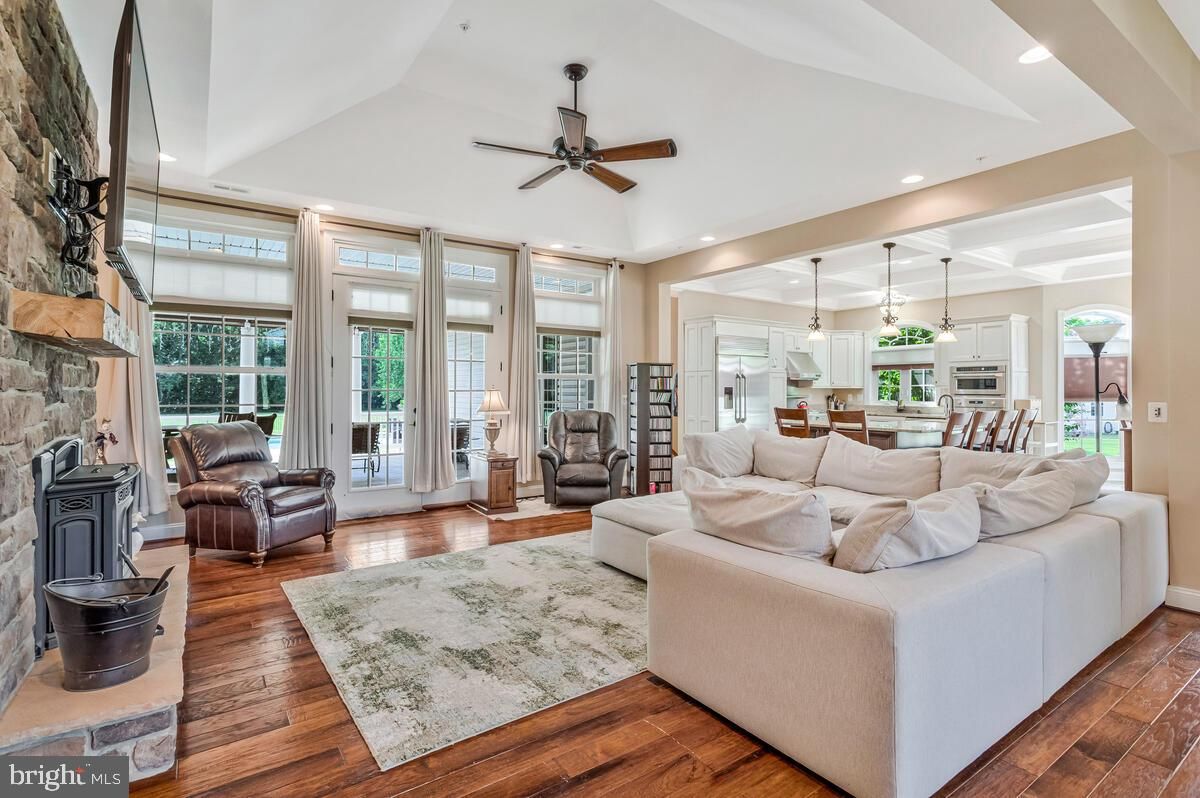 Dining room, Fireplace, Interior, Kitchen, Living room, Pendant Lights, Recessed Lighting, Wood Texture Flooring