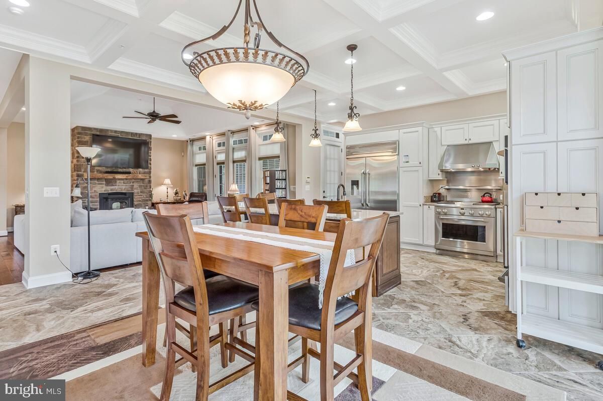 Dining room, Fireplace, Interior, Kitchen, Living room, Pendant Lights, Recessed Lighting, Stainless Steel Appliances