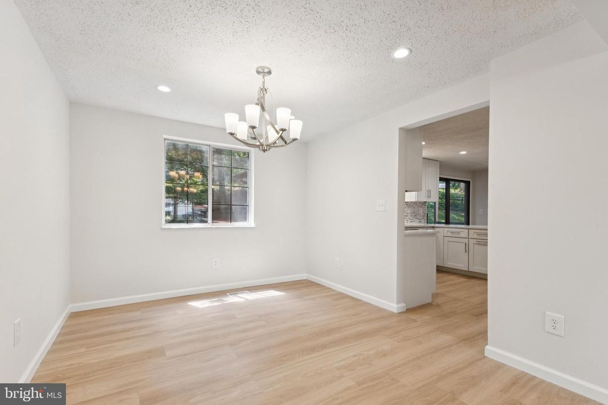 Chandelier, Empty room, Interior, Kitchen, Recessed Lighting, Wood Texture Flooring