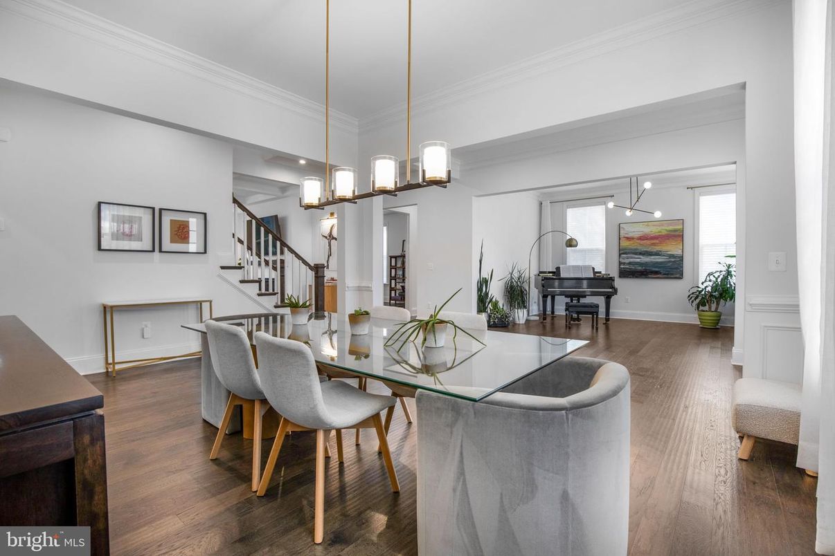 Dining room, Interior, Pendant Lights, Piano, Wood Texture Flooring