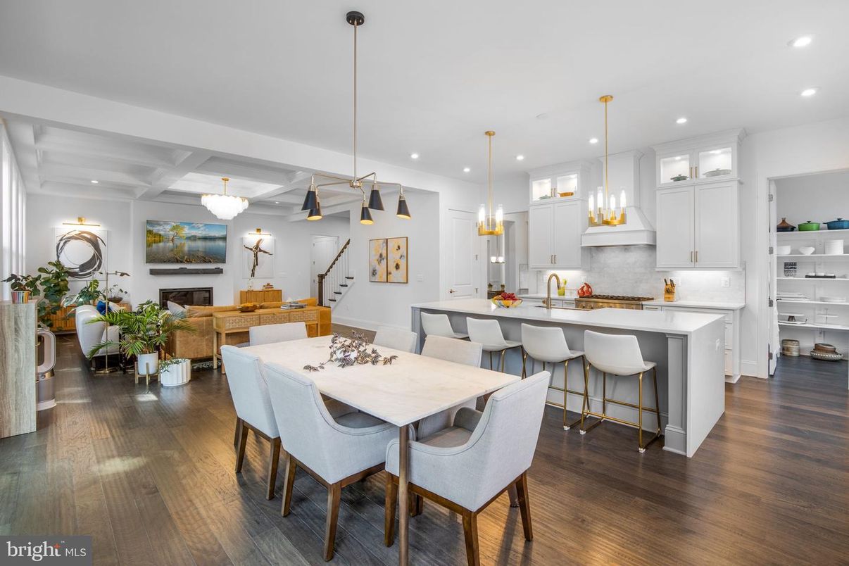 Dining room, Fireplace, Interior, Kitchen, Living room, Pendant Lights, Recessed Lighting, Wood Texture Flooring