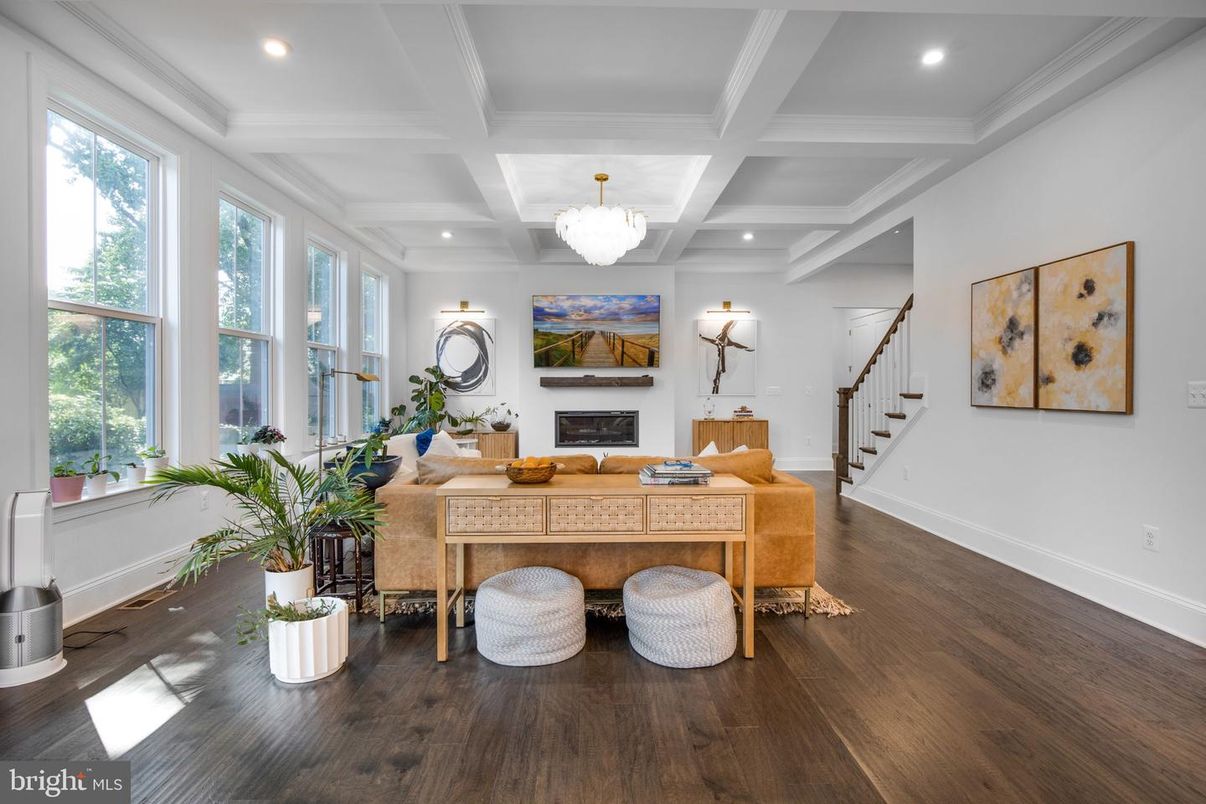 Chandelier, Fireplace, Home Office, Interior, Recessed Lighting, Wood Texture Flooring