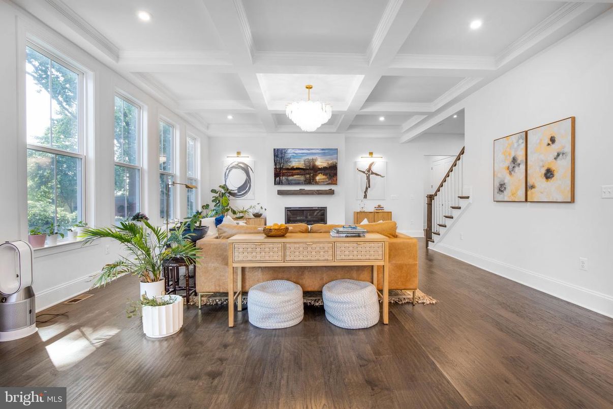 Fireplace, Home Office, Interior, Recessed Lighting, Wood Texture Flooring