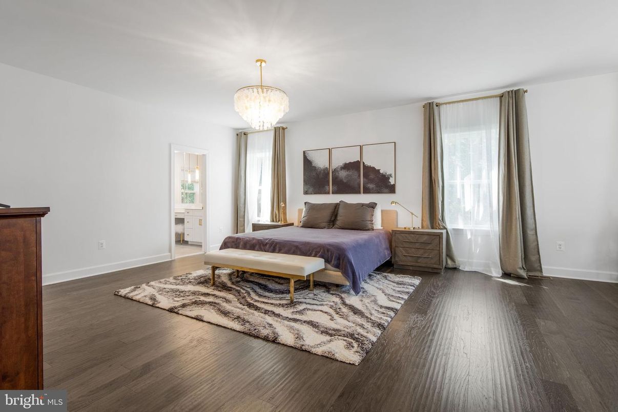 Bedroom, Chandelier, Interior, Wood Texture Flooring