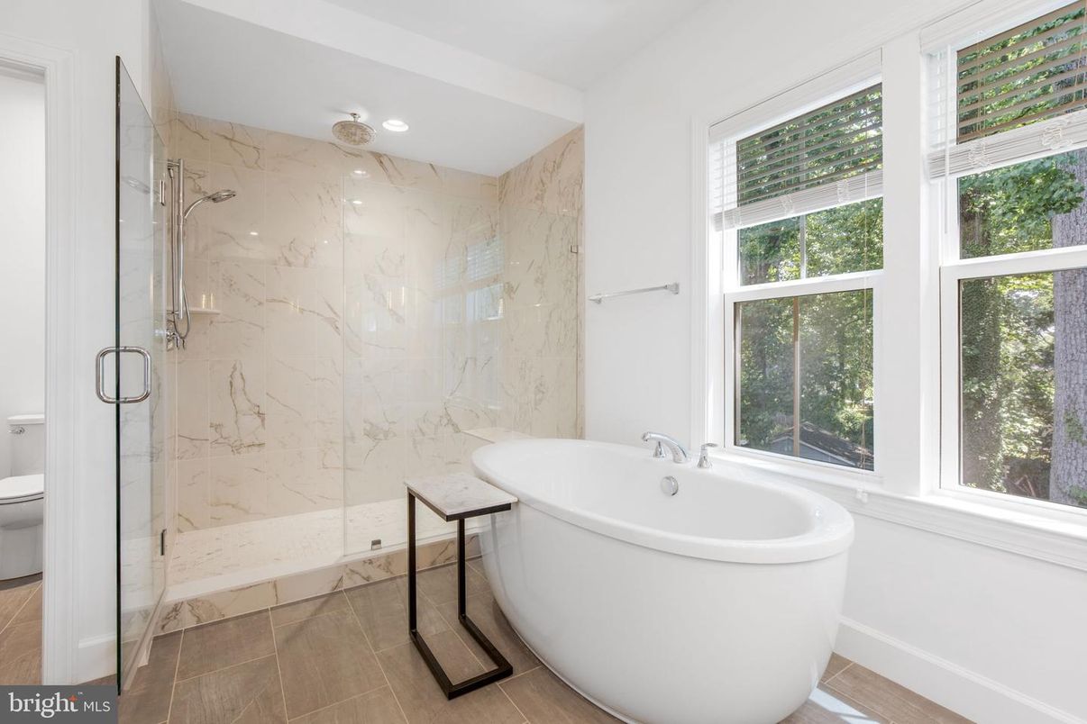 Bathroom, Free Standing Baths, Glass Shower, Interior, Marble Walls, Recessed Lighting