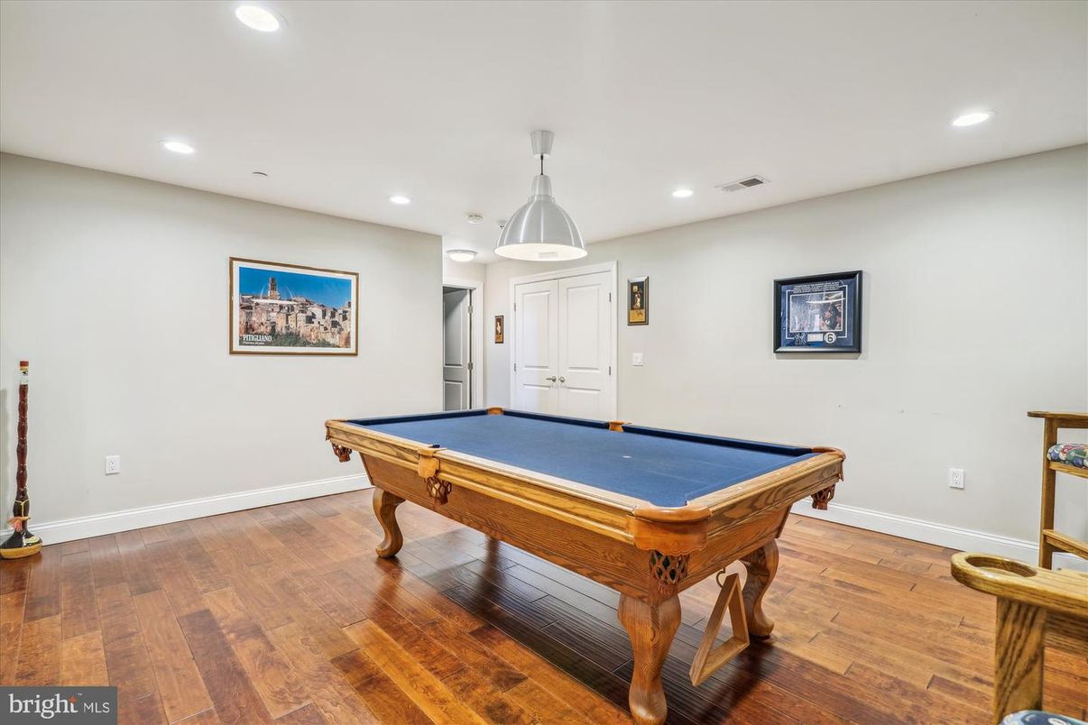 Billiard Table, Game Room, Interior, Pendant Lights, Recessed Lighting, Wood Texture Flooring