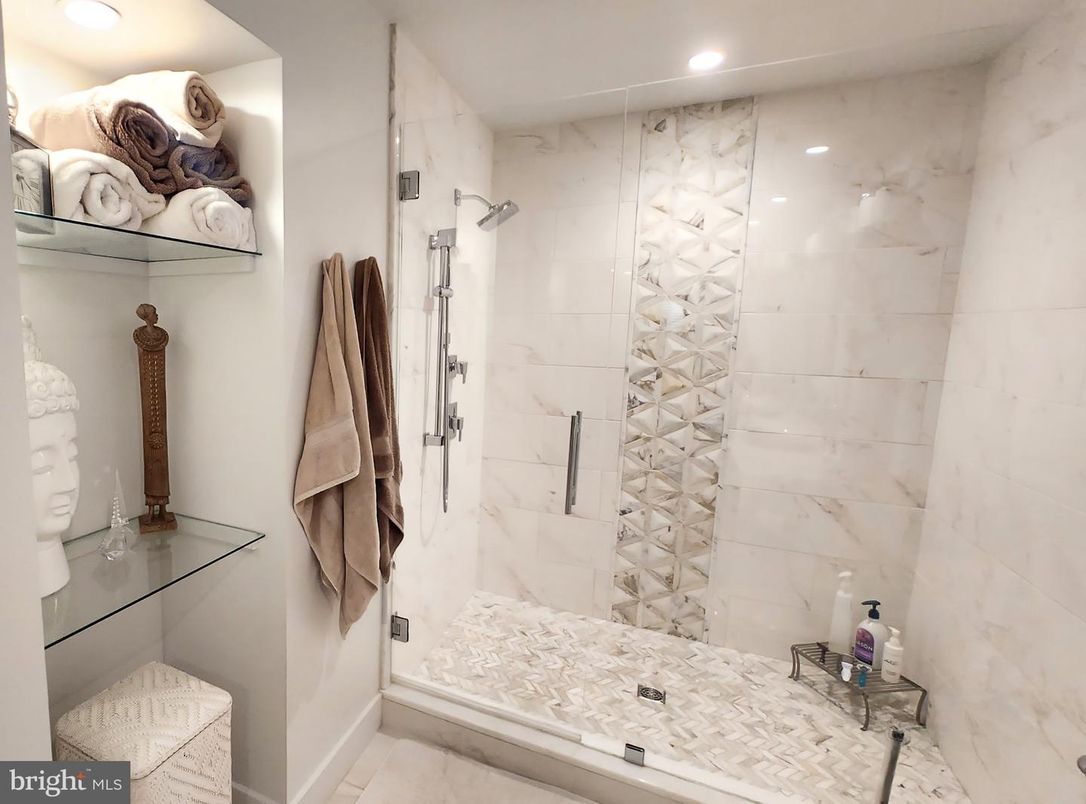 Bathroom, Glass Shower, Interior, Marble Walls, Recessed Lighting