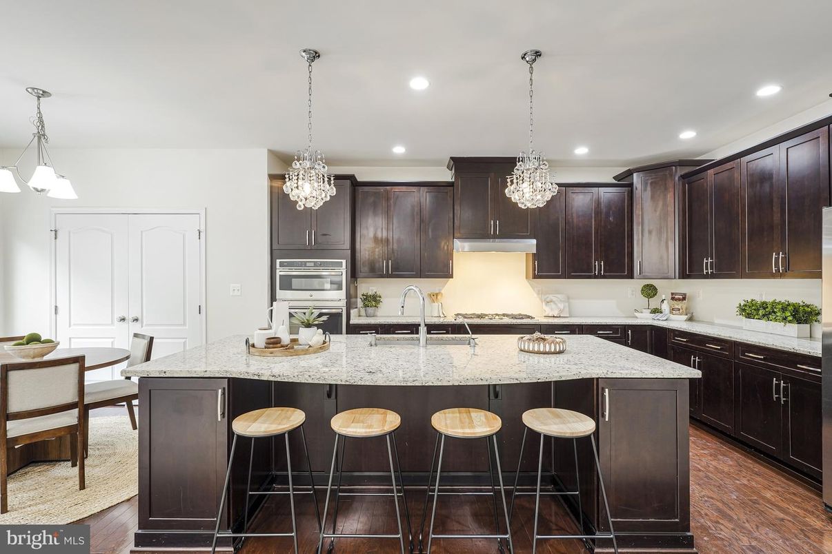 Chandelier, Interior, Kitchen, Pendant Lights, Recessed Lighting, Stainless Steel Appliances, Wood Texture Flooring