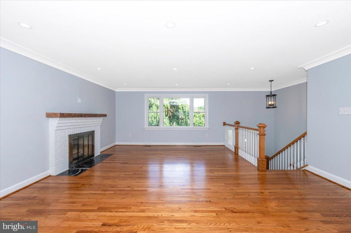 Empty room, Fireplace, Interior, Pendant Lights, Recessed Lighting, Wood Texture Flooring