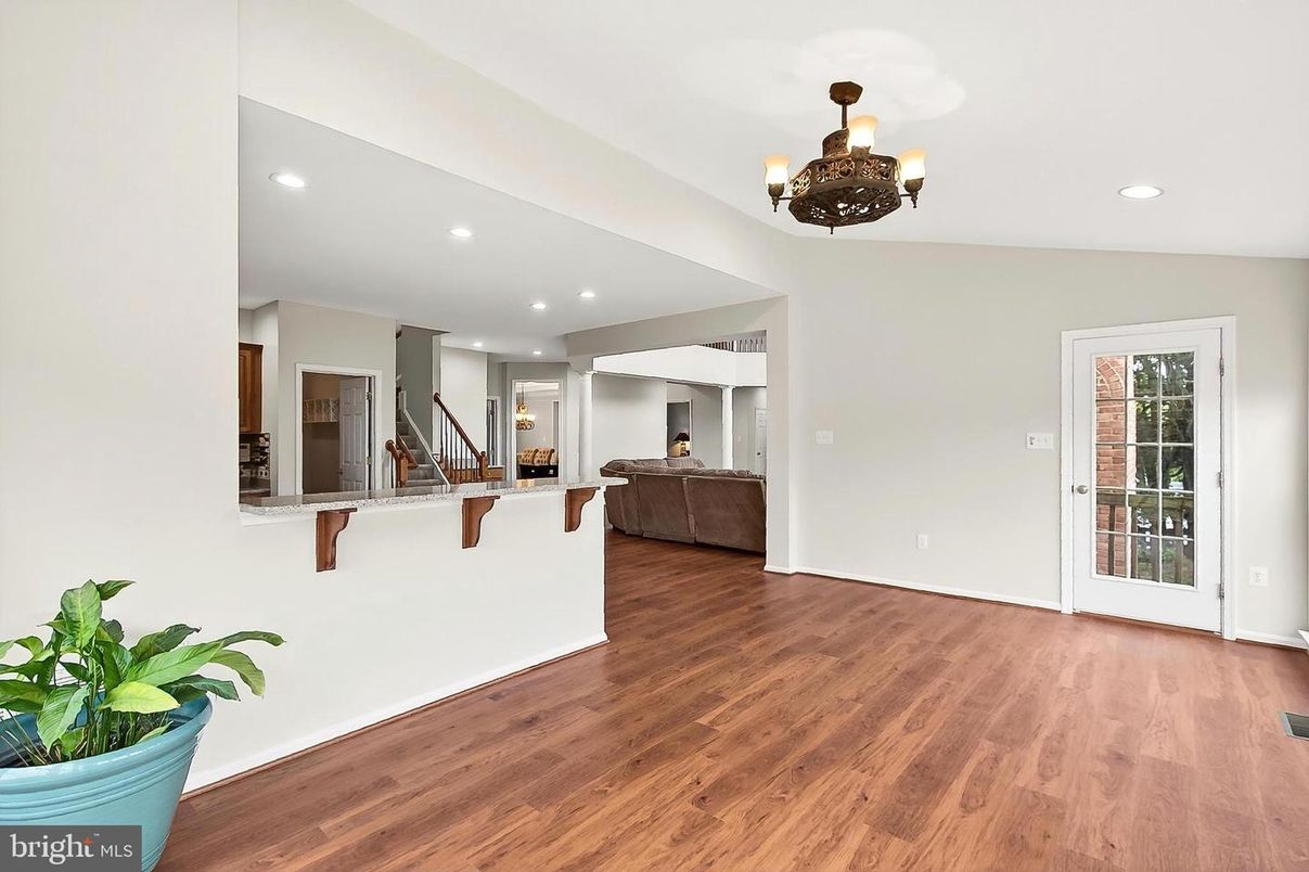 Chandelier, Empty room, Interior, Recessed Lighting, Wood Texture Flooring