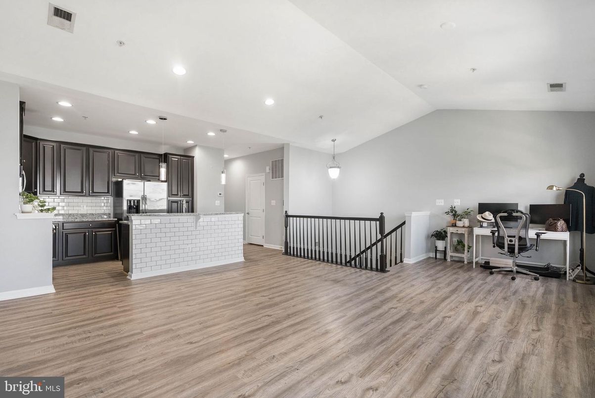 Home Office, Interior, Kitchen, Pendant Lights, Recessed Lighting, Wood Texture Flooring