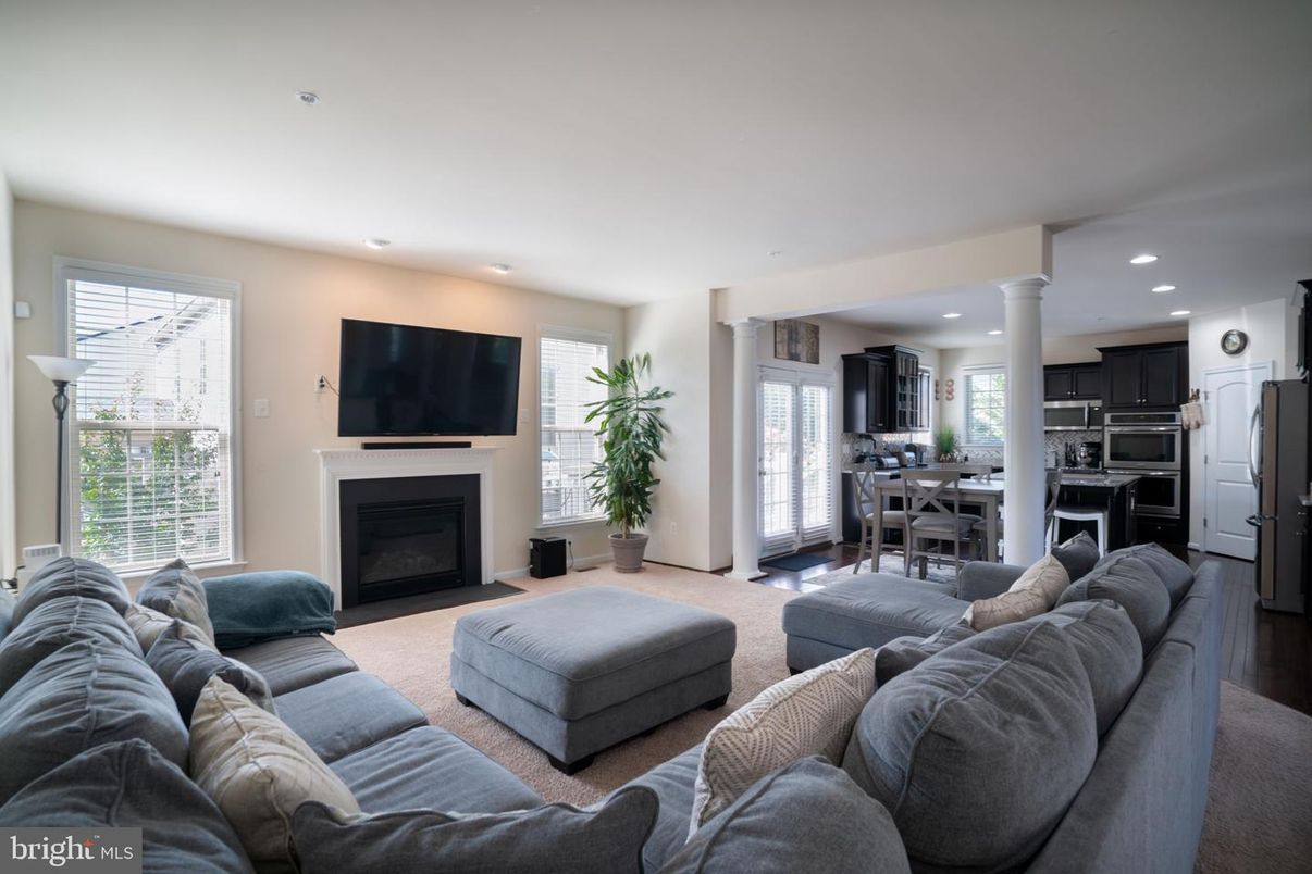 Dining room, Fireplace, Interior, Kitchen, Living room, Recessed Lighting, Stainless Steel Appliances